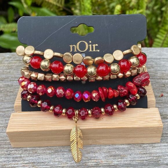 New nOir Jewelry Gold/Red Beaded Bracelet Set of 5 w/Feather Charm Stackable - Picture 1 of 2